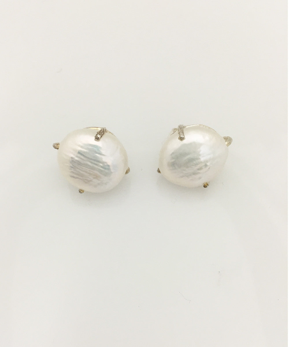Margo Morrison Grey Coin Pearl Earring on Gold Post