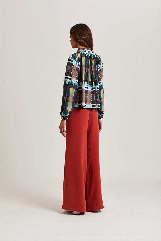 Marie Oliver Arden Silk Blouse Sand Blue Print, multi color, long sleeve found at Patricia in Southern Pines, NC