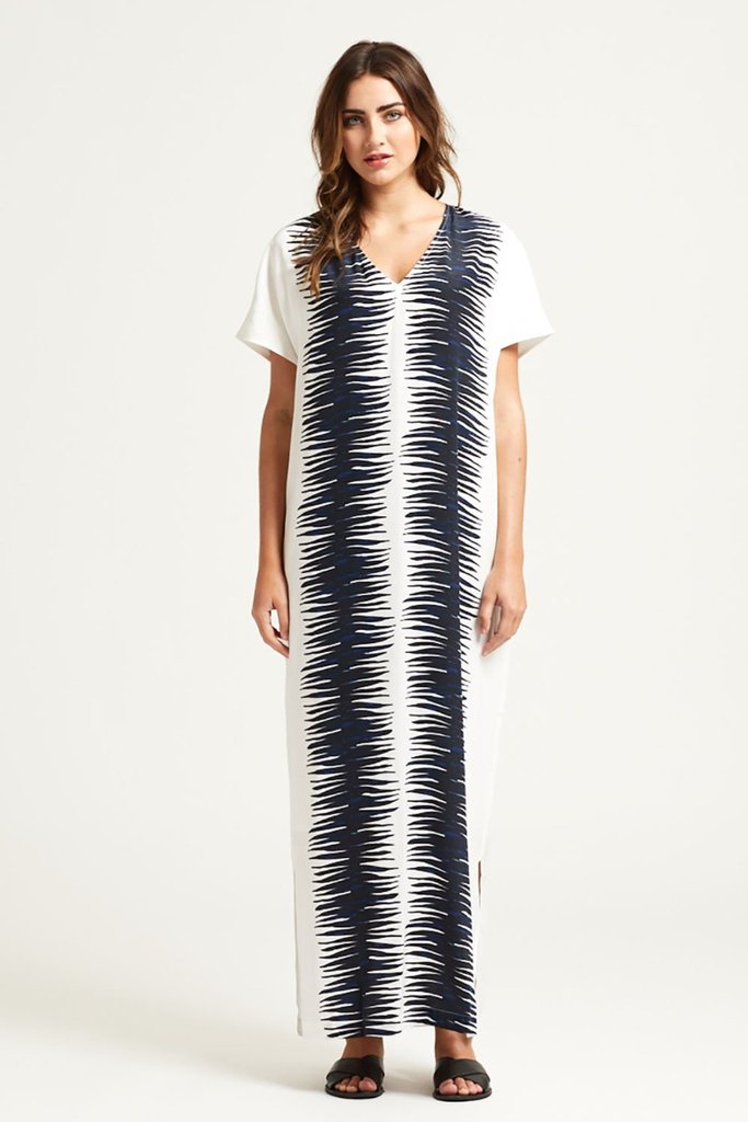 Marie Oliver Long silk charmeuse caftan white with a black design down the front, found at PATRICIA in Southern Pines and Raleigh, NC  