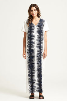  Marie Oliver Long silk charmeuse caftan white with a black design down the front, found at PATRICIA in Southern Pines and Raleigh, NC  