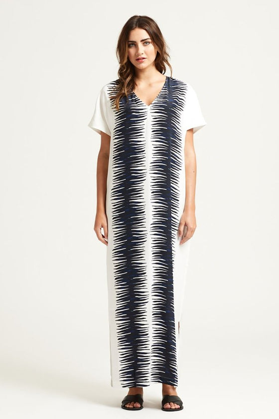 Marie Oliver Long silk charmeuse caftan white with a black design down the front, found at PATRICIA in Southern Pines and Raleigh, NC  