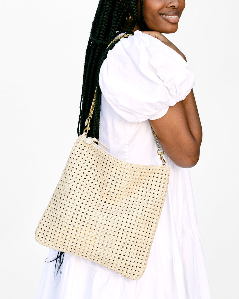 Clare V. Rattan Foldover Clutch w/ Tabs in Cream - Bliss Boutiques