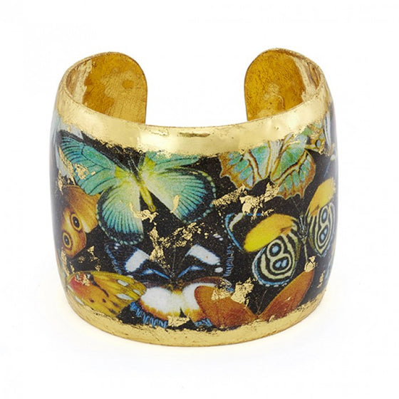 Beautiful Evocateur gold leaf cuff, featuring images of colorful butterflies, available at Patricia