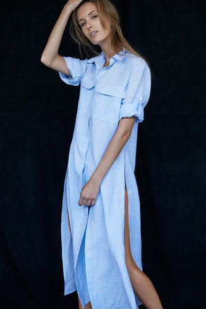 Harshman 100% linen Blue micro stripes Harlow Shirt dress, found at PATRICIA in Southern Pines and Raleigh, NC  