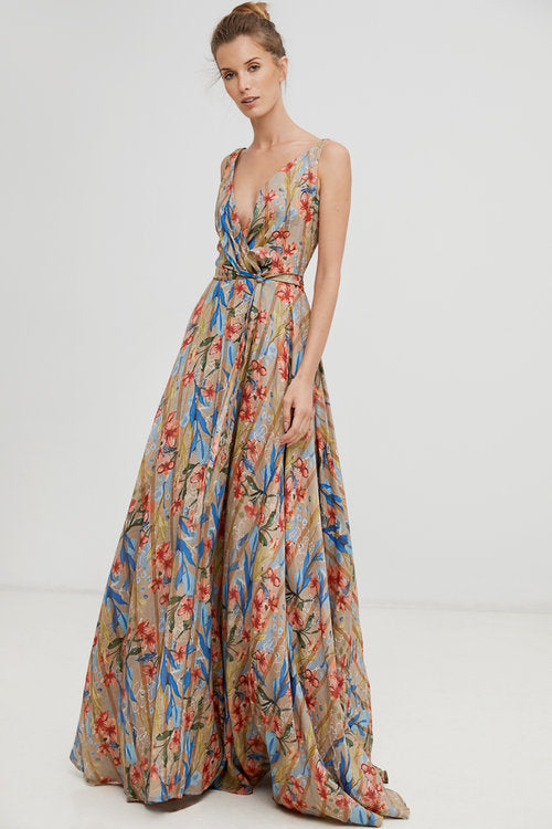 Beautiful Harshman long floral ramie dress with self tie belt found at PATRICIA in southern Pines and Raleigh, NC