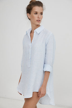 Harshman 100% blue linen popover shirt with long sleeves, found at PATRCIA in Southern Pines and Raleigh, NC  