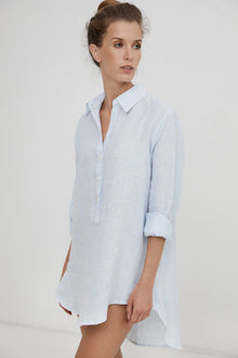  Harshman 100% blue linen popover shirt with long sleeves, found at PATRCIA in Southern Pines and Raleigh, NC  