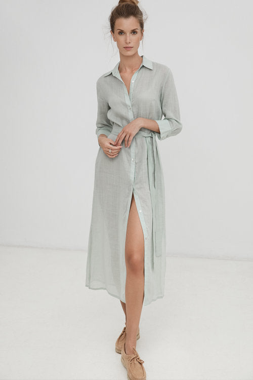 100% linen sage green long sleeve dress by Harshman can be found at PATRICIA in Southern Pines and Raleigh, NC 