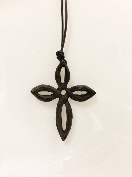 LoU Zeldis Black Wood Cross Pendant on Leather