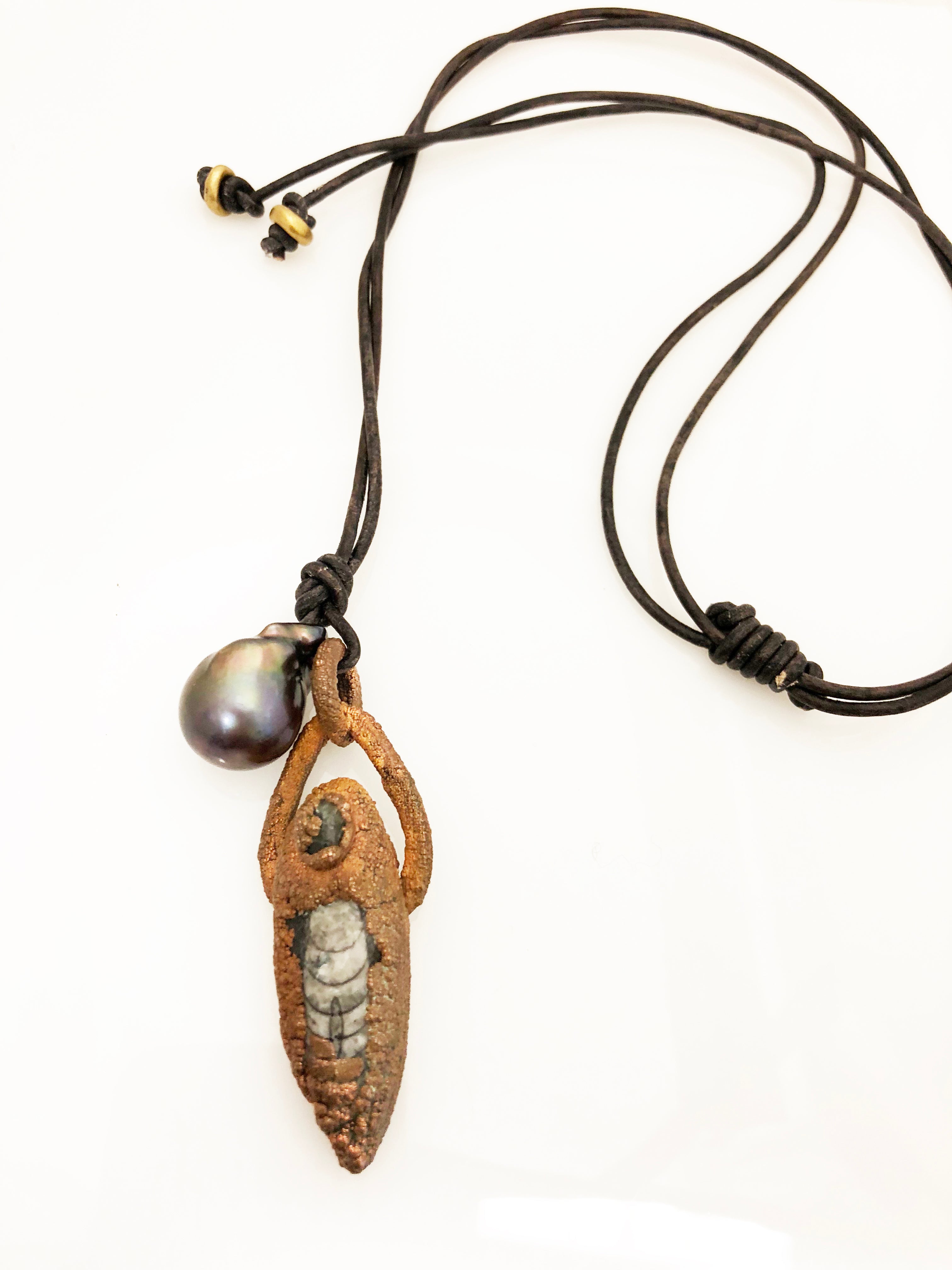 Copper Relic and Pearl Pendant on Leather