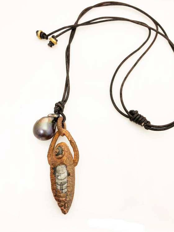 Copper Relic and Pearl Pendant on Leather