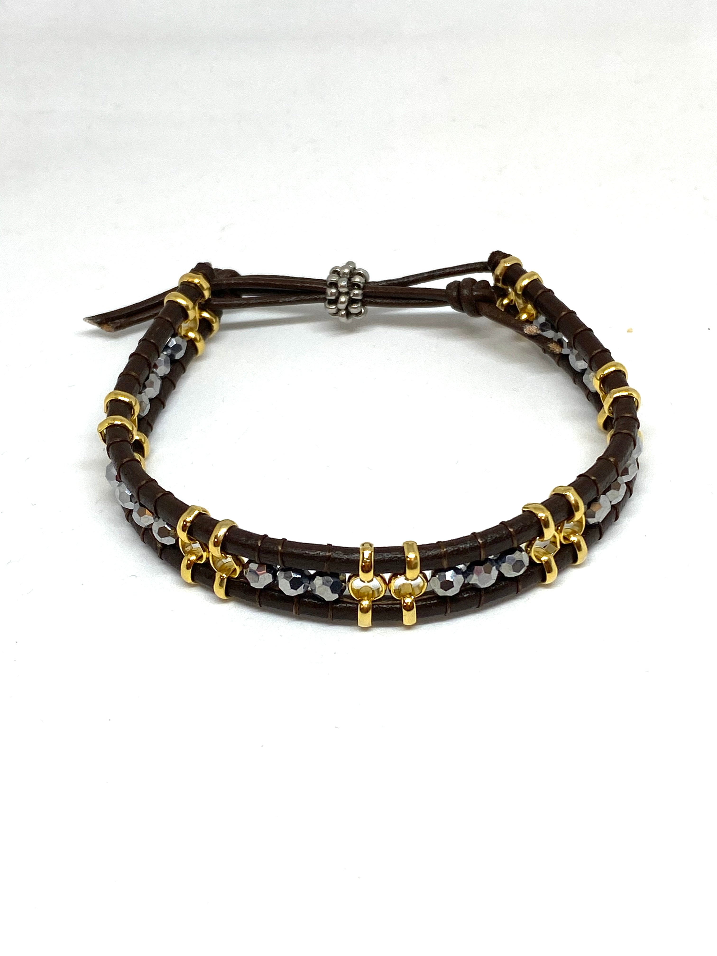 Miguel Ases Leather Bracelet with Pyrite and Miyuki Beads