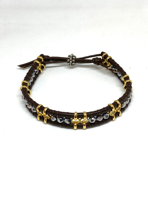 Miguel Ases Leather Bracelet with Pyrite and Miyuki Beads