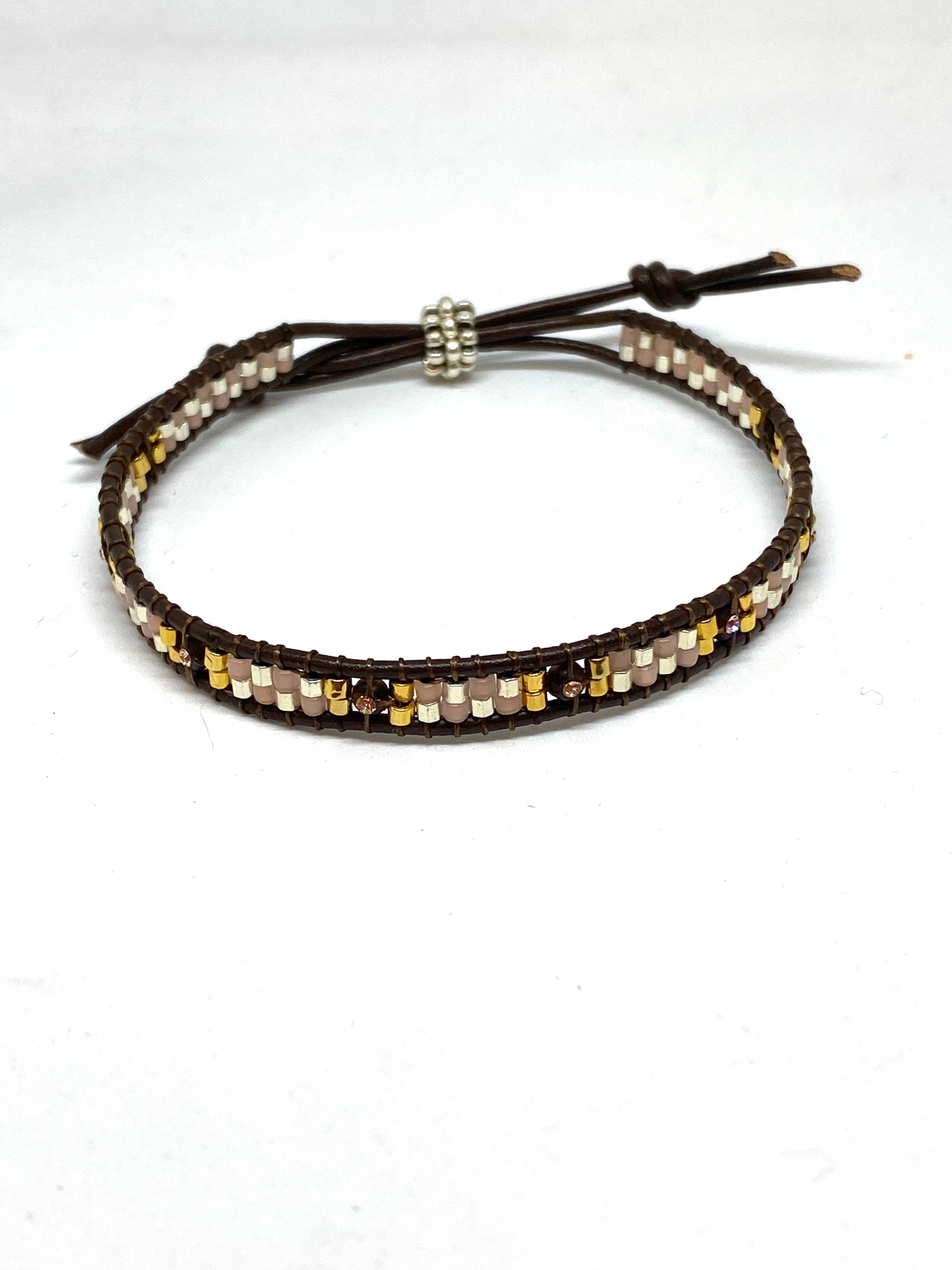 Miguel Ases Leather Bracelet with Swarovski and Miyuki Beads