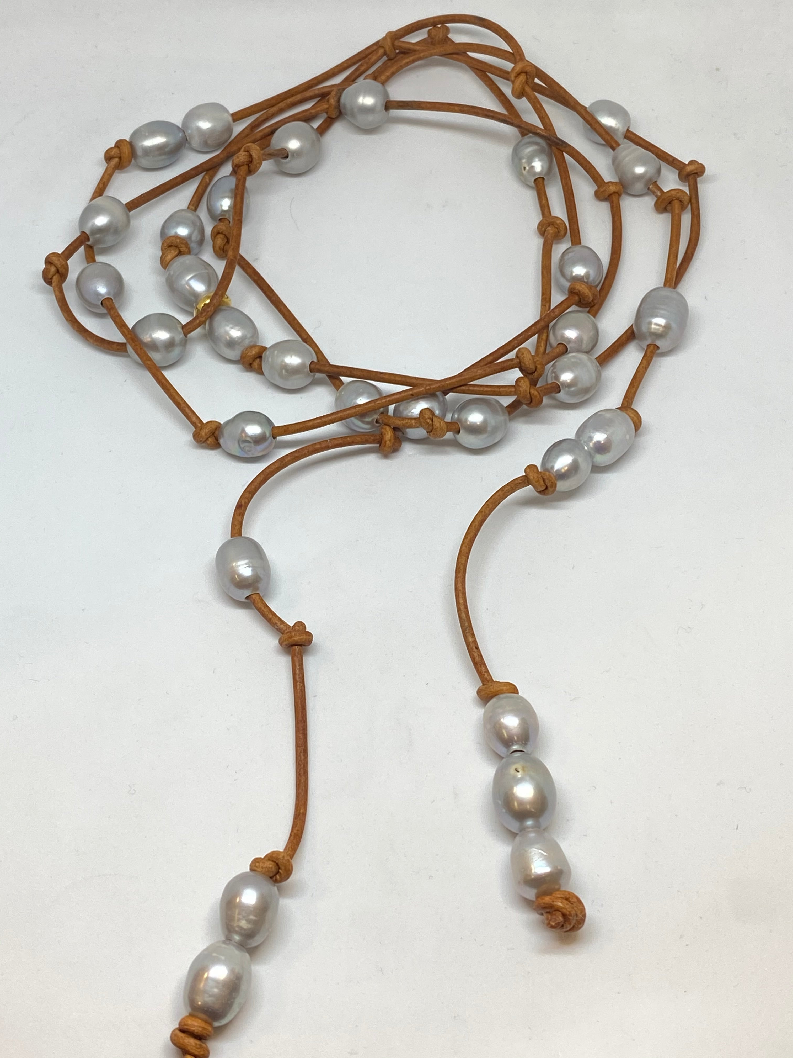 Grey Pearls on Leather Wrap Necklace