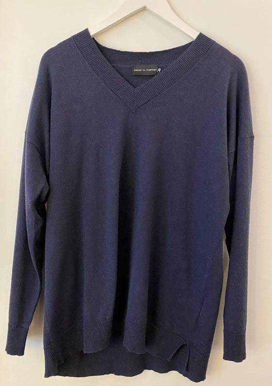 Peter O mahler V neck Cotton Cashmere Sweater in navy melange found at PATRICIA in southern Pines, NC. 