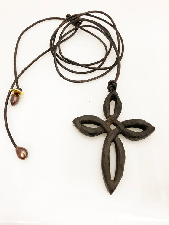 LoU Zeldis Black Wood Cross Pendant on Leather