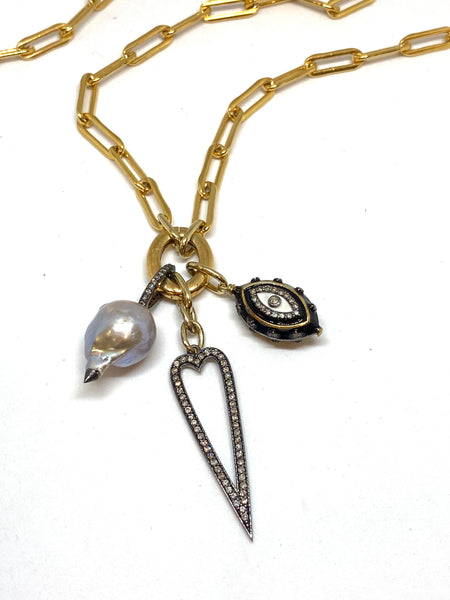 Nathan & Moe gold oval link necklace with three charms, found at Patricia in Southern PInes, NC