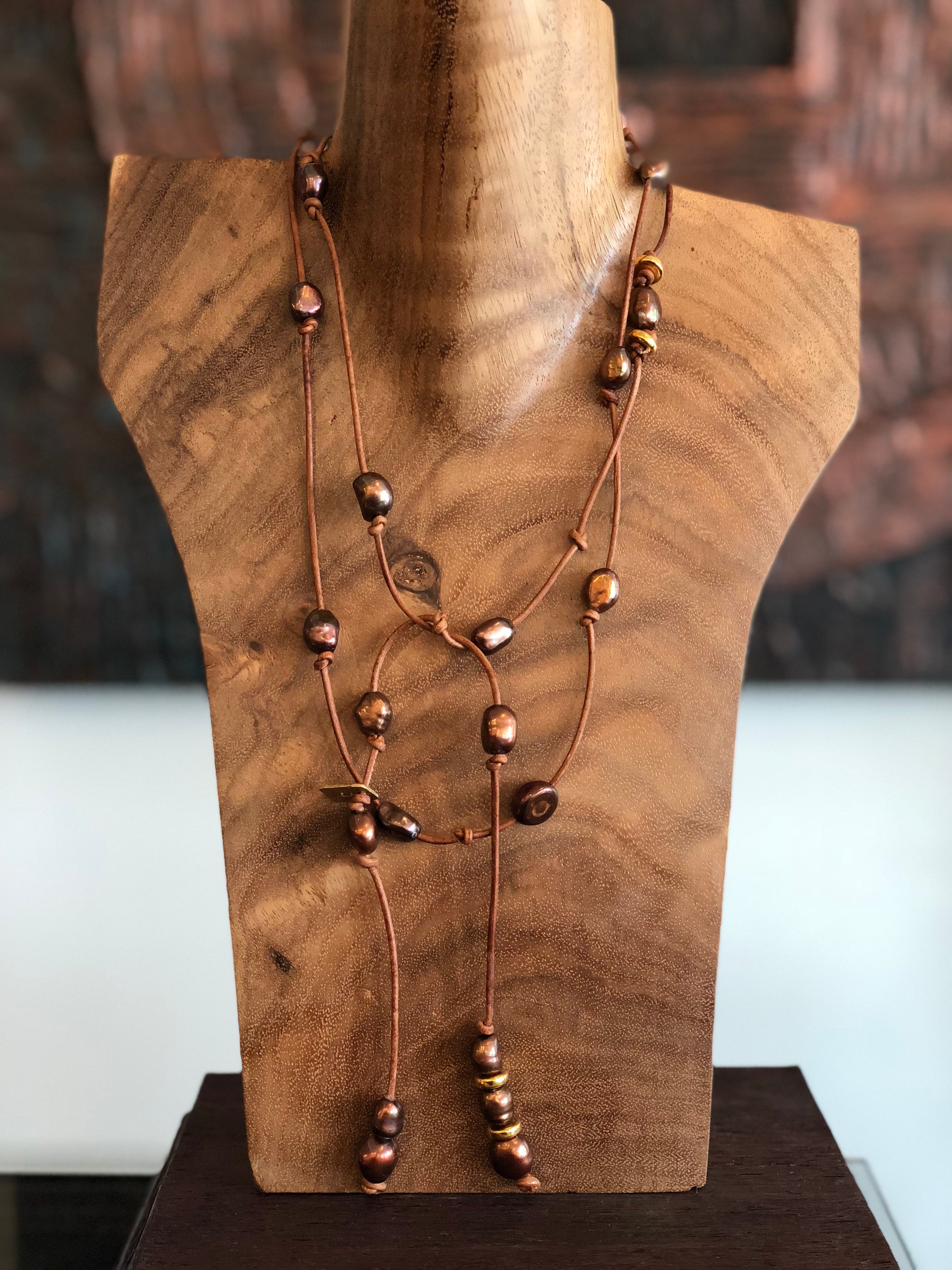 Copper Pearl and Leather wrap necklace