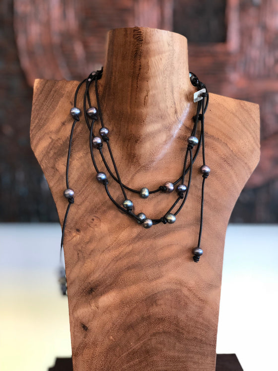Peacock Freshwater Pearls on Leather