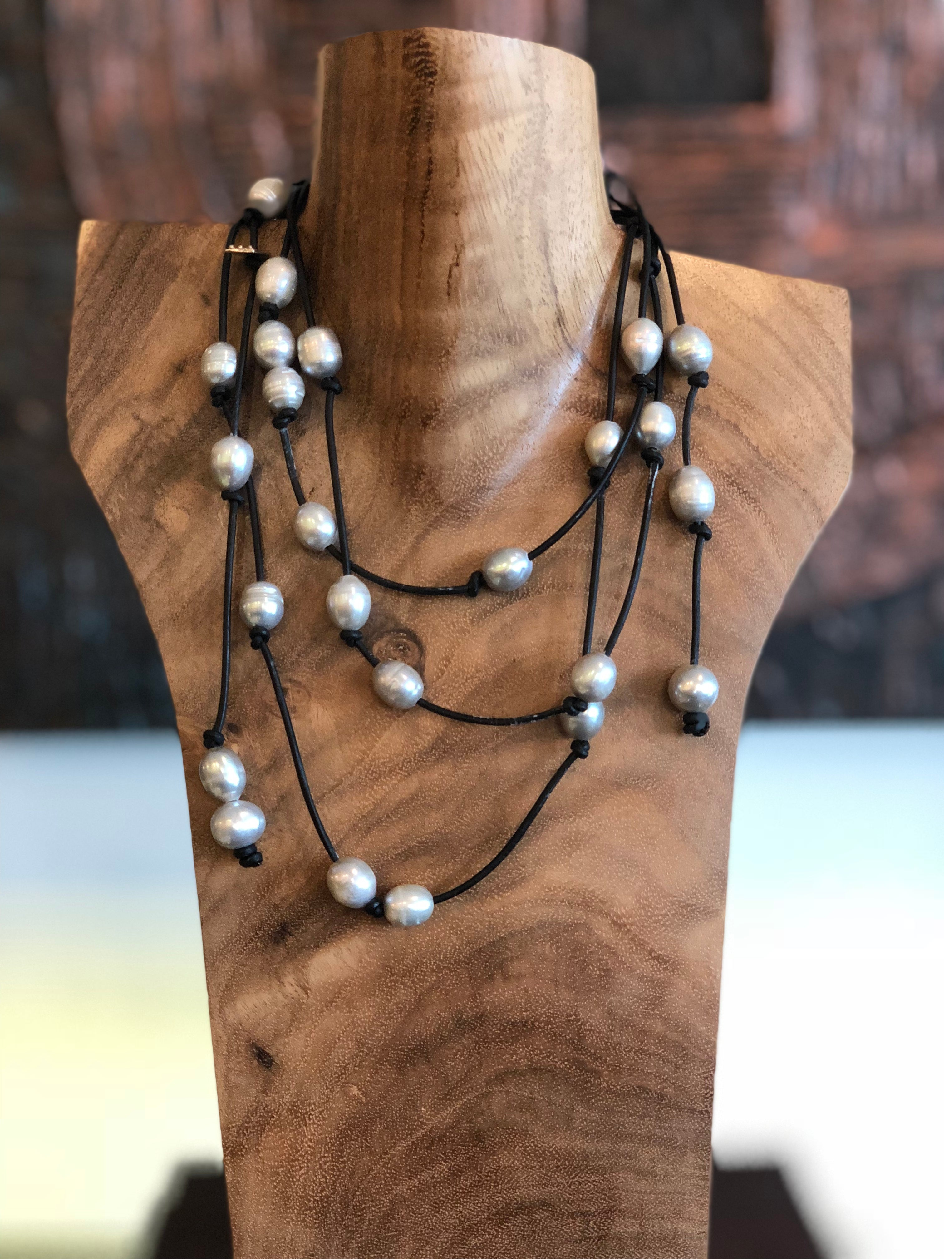 Light Grey Freshwater Pearls on Leather