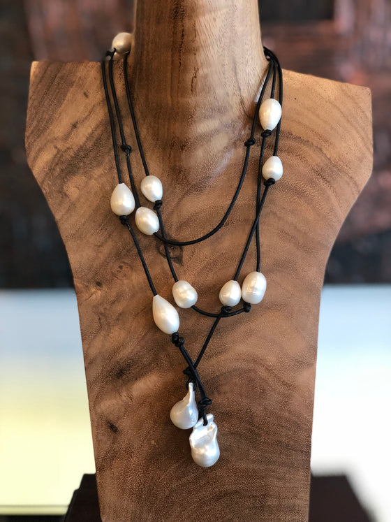 White Freshwater Pearls on Leather