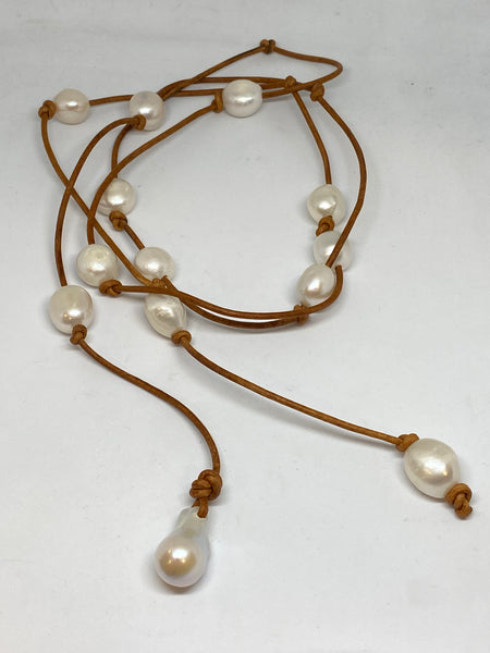 White Pearls on Leather Wrap Necklace