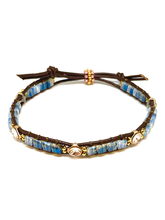 Miguel Ases Leather Bracelet with Swarovski and Miyuki Beads