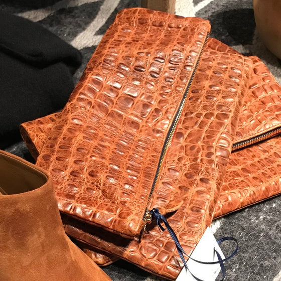 Clare V Cognac Croco Foldover Clutch