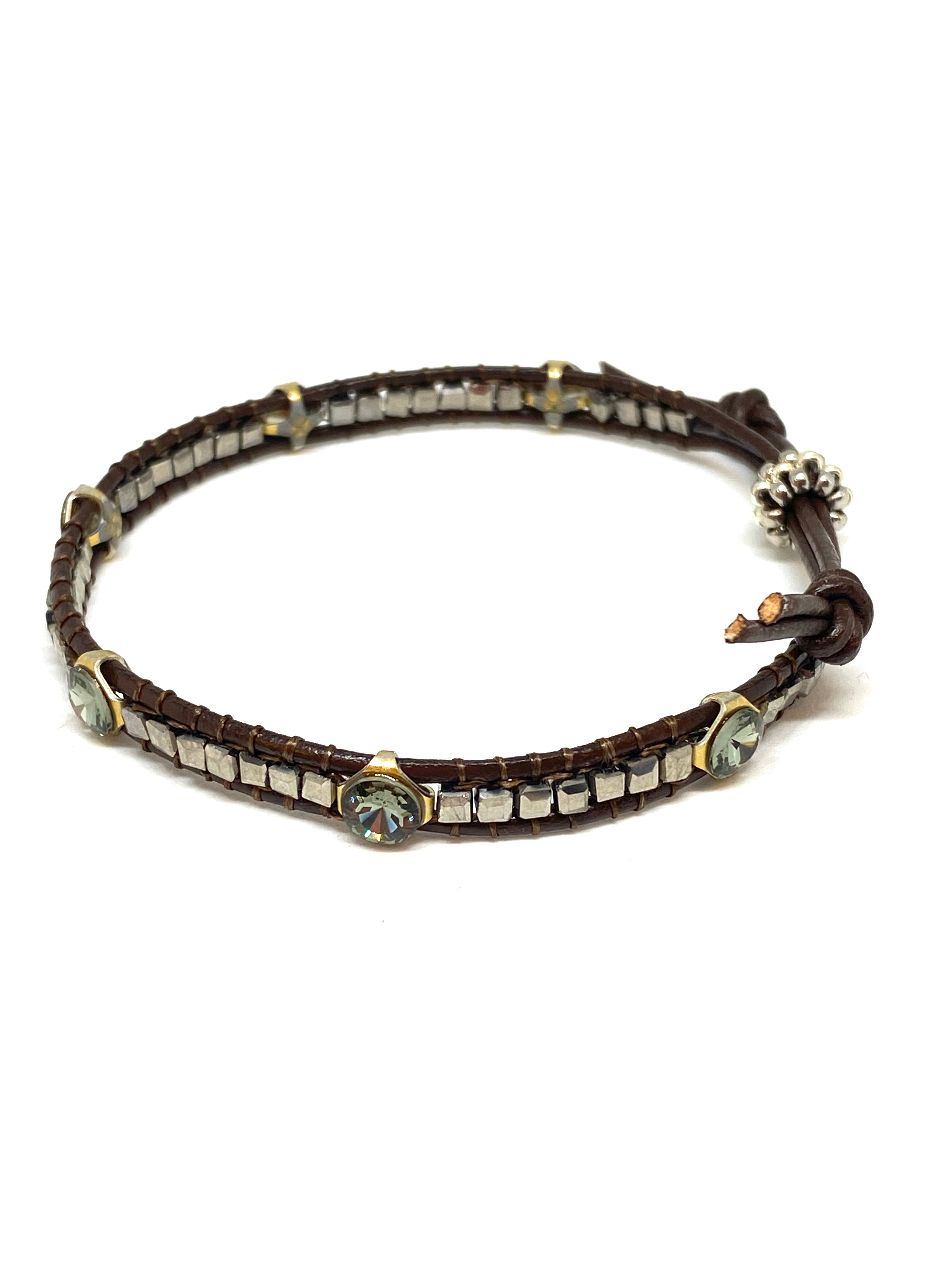 Miguel Ases Leather Bracelet with Swarovski, Pyrite and Miyuki Beads, found at Patricia in Southern Pines, NC 