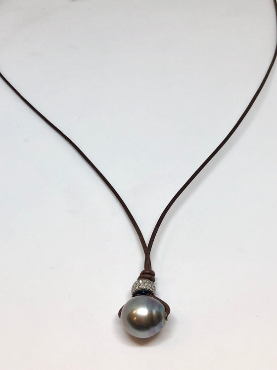 Perle By Lola Tahitian Pearl and Diamond Rondelle on Leather Necklace