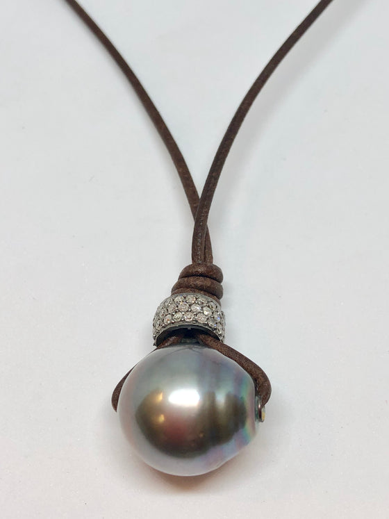 Perle By Lola Tahitian Pearl and Diamond Rondelle on Leather Necklace