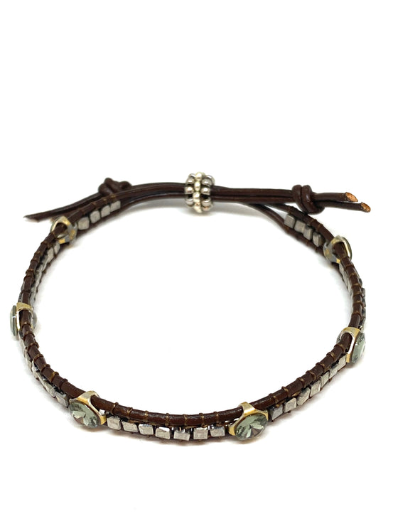 Miguel Ases Leather Bracelet with Swarovski, Pyrite and Miyuki Beads