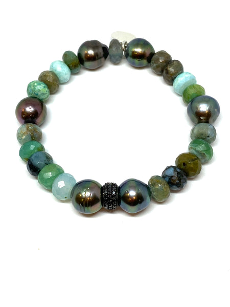 Perle by Lola Multi-stone Bracelet with Tahitian Pearl and Oxidized Silver Rhondelle