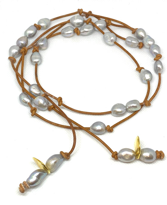 Grey freshwater pearls with 24k gold nuggets leather lariat necklace
