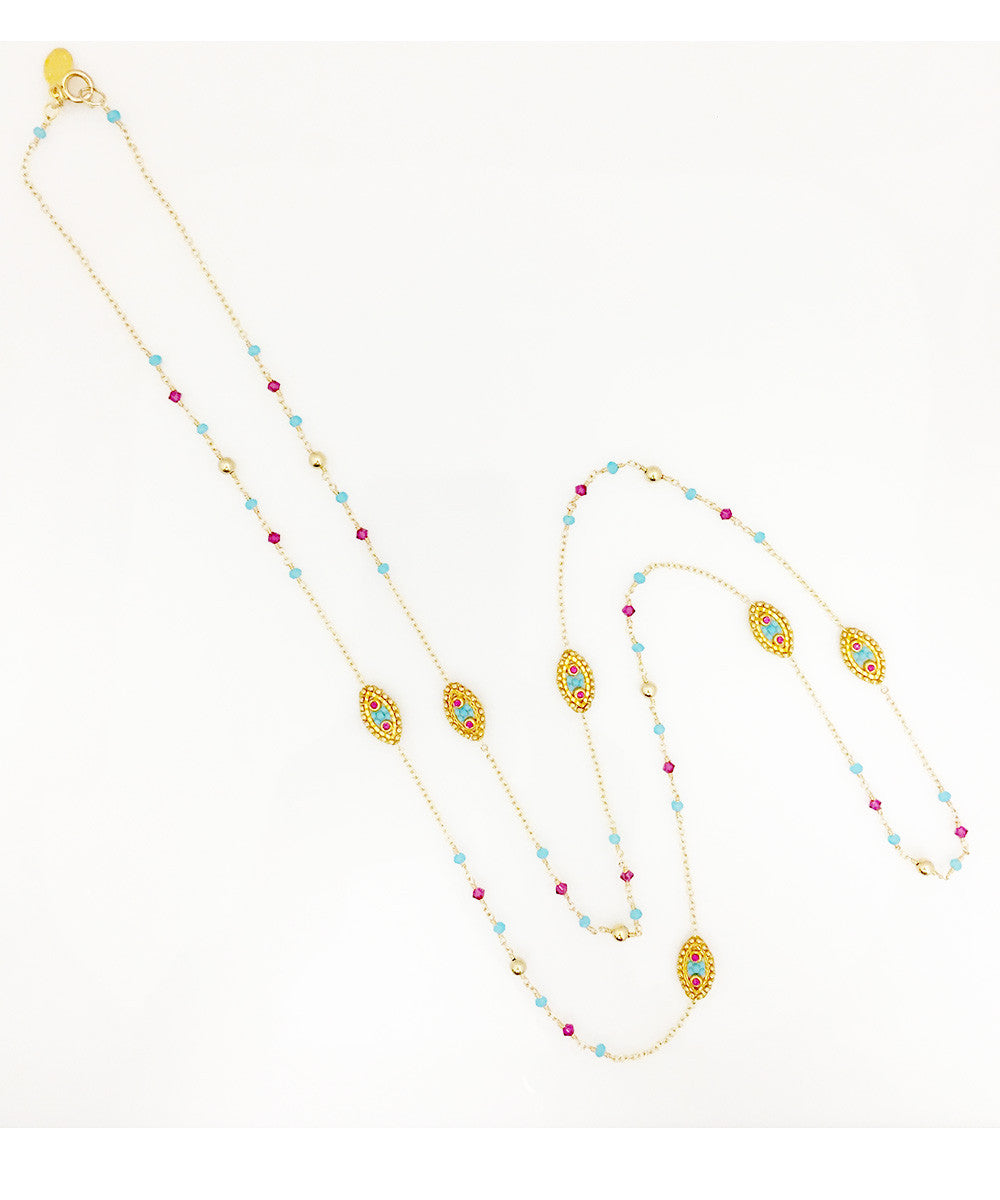 Miguel Ases Swarovski and Turquoise and Fuchsia Miyuki Seed Bead Necklace