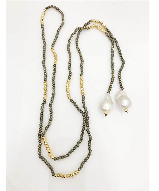 Facetted Pyrite Lariat with Baroque Pearls