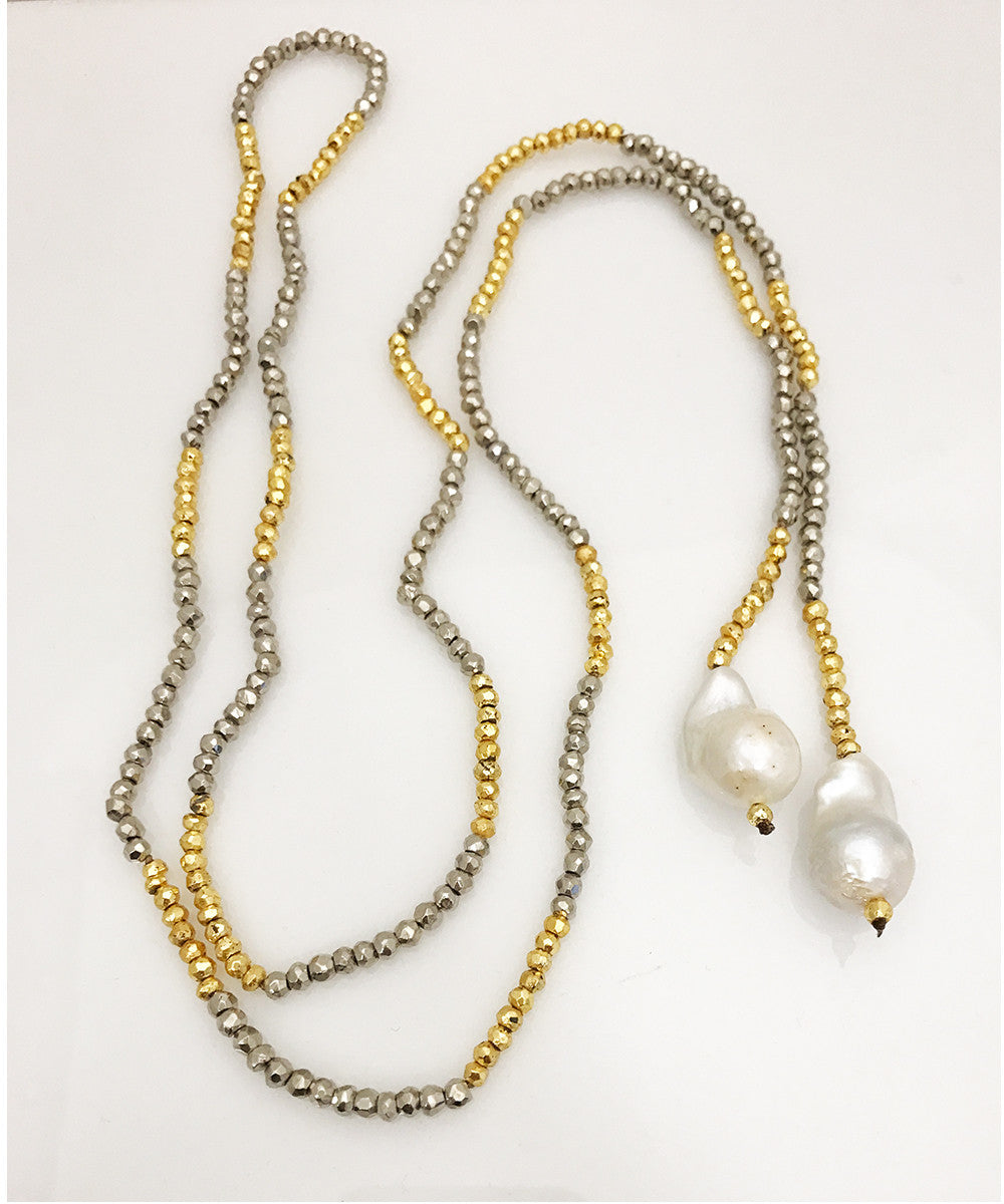 Facetted Silver Pyrite Lariat with Baroque Pearls