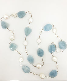  Margo Morrison Long Faceted Aquamarine Necklace with Pearls and Swarovski Crystals