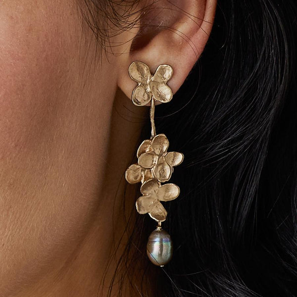 Julie Cohn Bronze Hydrangea Blossom Grey Pearl Earrings