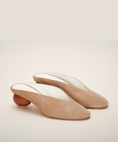 Gray Matters Mildred Egg in Taupe. Suede slide with egg shaped wooden heel.