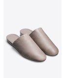 Front view of rounded toe Vince flats in taupe leather