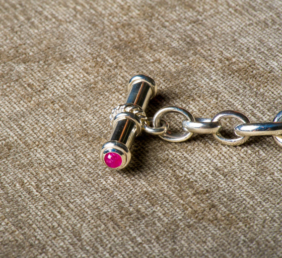 DFS handmade Sterling silver cable bracelet with ruby cabochons