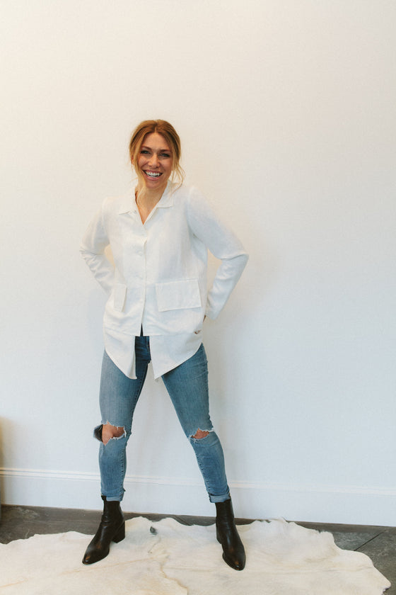 Shosh Linen Boy Jacket in White at Patricia a boutique in Southern Pines, NC