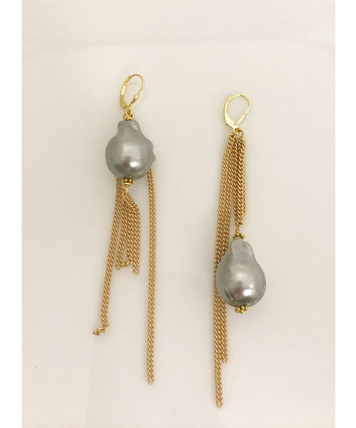 High-Low Pearl and Chain Earrings
