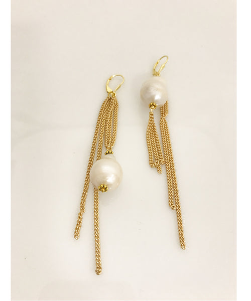 High-Low Pearl and Chain Earrings