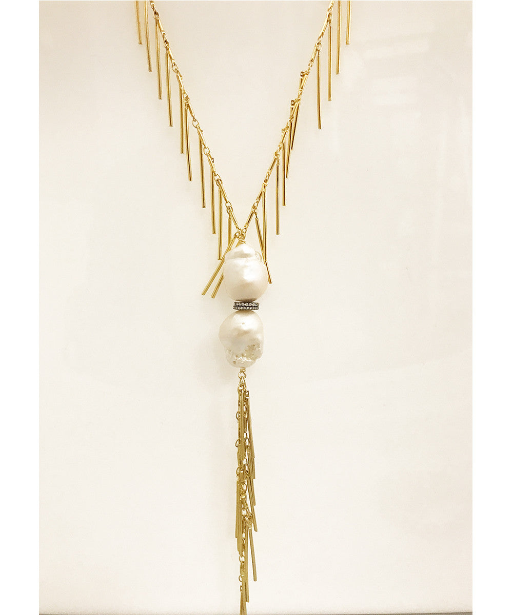 Nathan & Moe Gold Fringe Necklace with Double Pearl Pendant