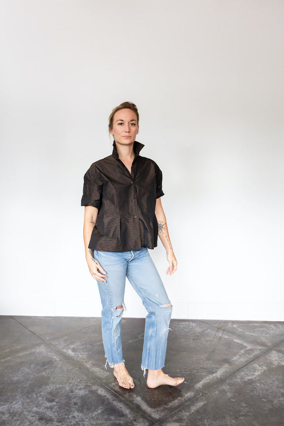 Shosh Button Down Short Sleeve Taffeta Shirt