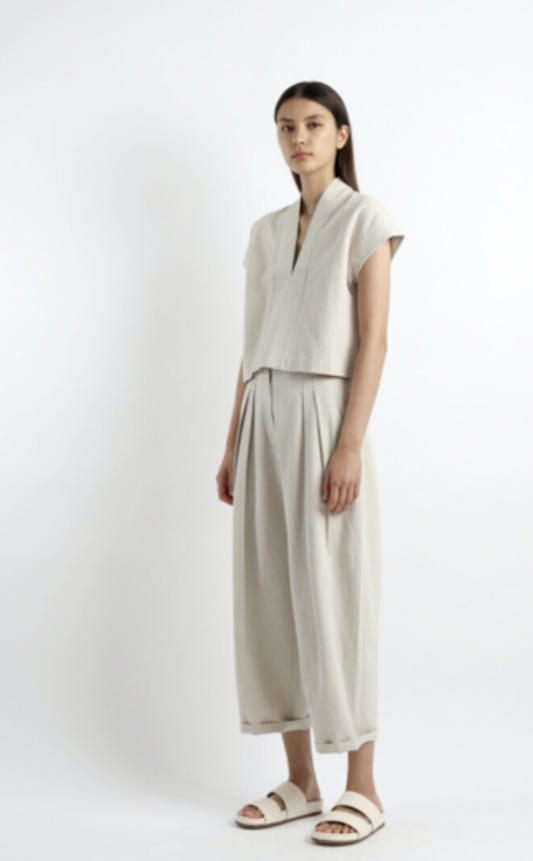 7115 by Szeki Sand Linen Summer Pleated Trouser