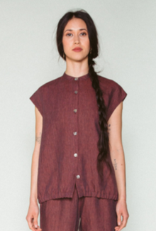  Shosh Linen Button Down Bubble Top, Dark Rose Red